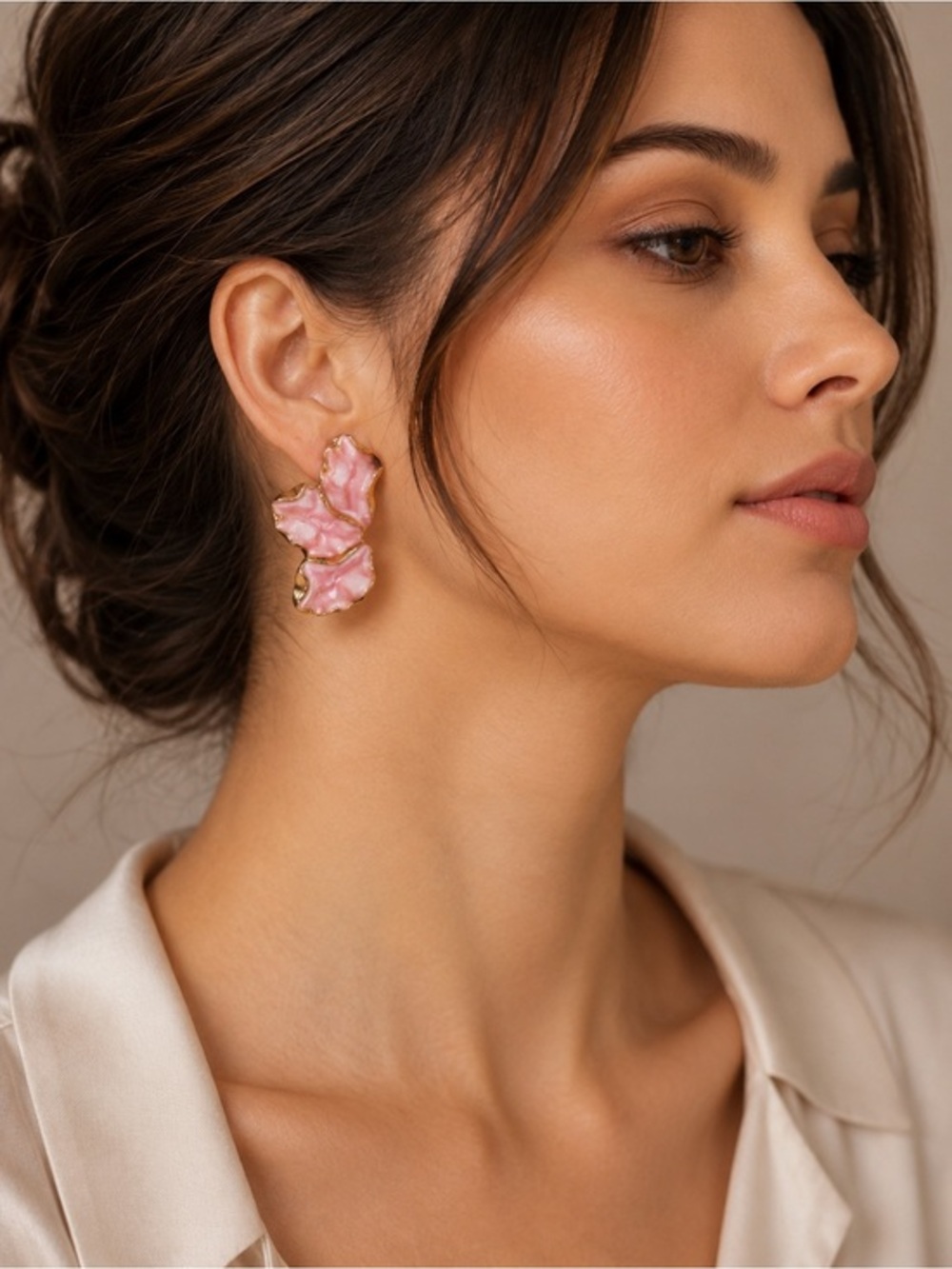 Elegant Pink Flower Petal Drop Earrings with Gold Trim